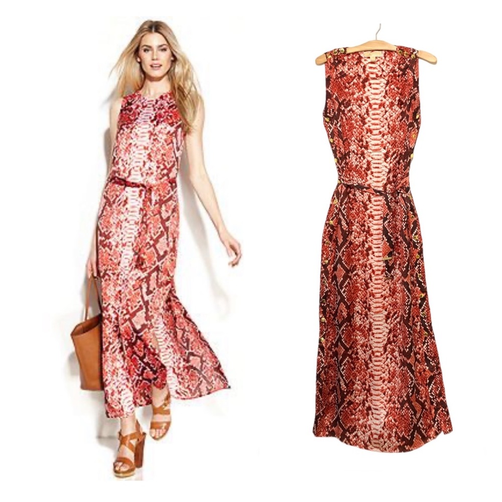 Like New Michael Kors Red Dragon Silk Sleeveless Tie Waist Slit Maxi Dress Small